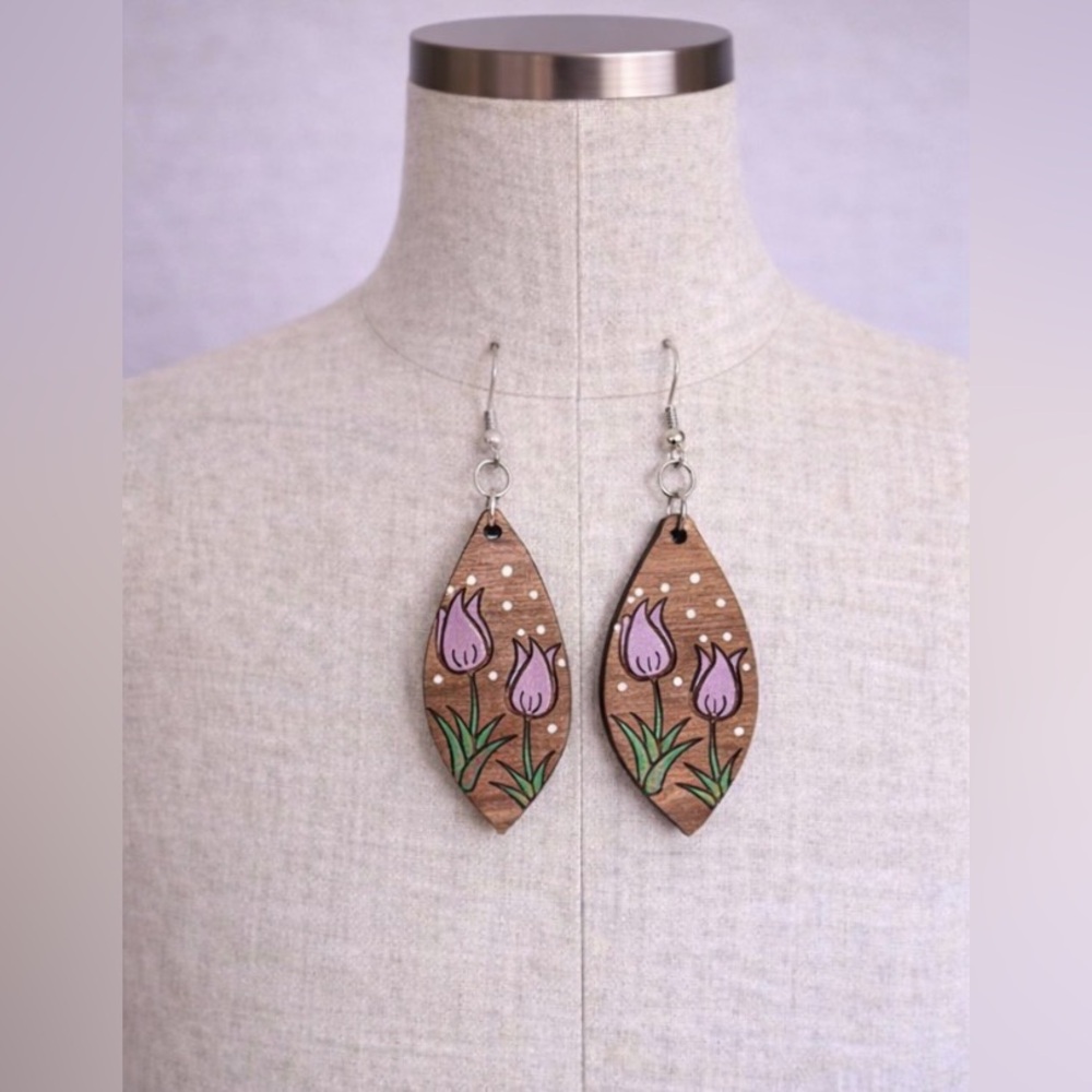 Handmade Wooden Lavender Tulip Floral Dangle Earrings HandPainted Artisan Spring